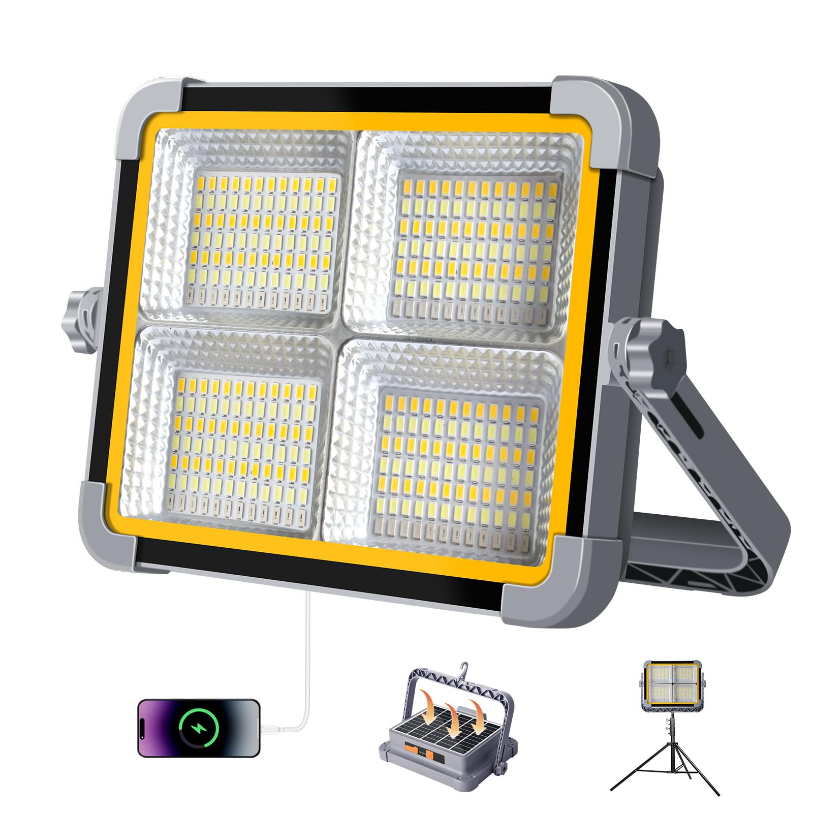 Faro LED Ricaricabile Eraylife 150W – 288 LED, Doppio Pannello Solare E USB, 12000mAh, IP66, 5 Modalità, Per Campeggio E Lavoro