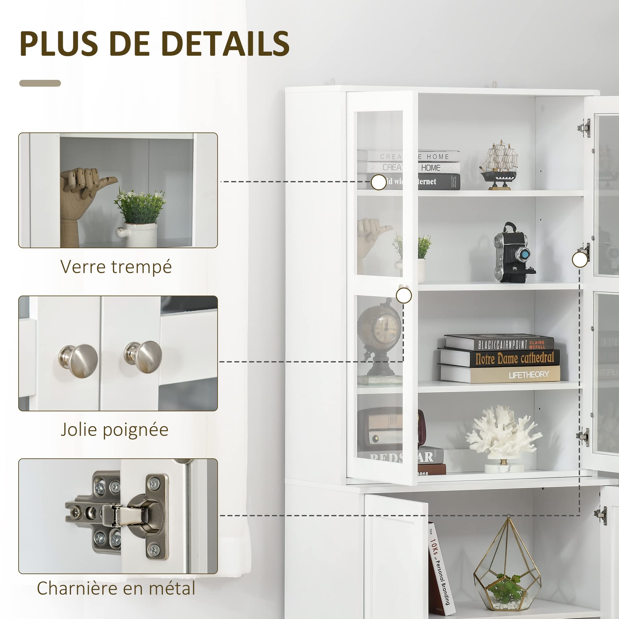 HOMCOM Bibliothèque Vitrine à 6 Niveaux 4 Portes 76 x 40 x 178,5 cm Blanc | Meuble de Rangement, 2 Portes en Verre Trempé, Étagères Réglables, Style Moderne, Salon Bureau Chambre