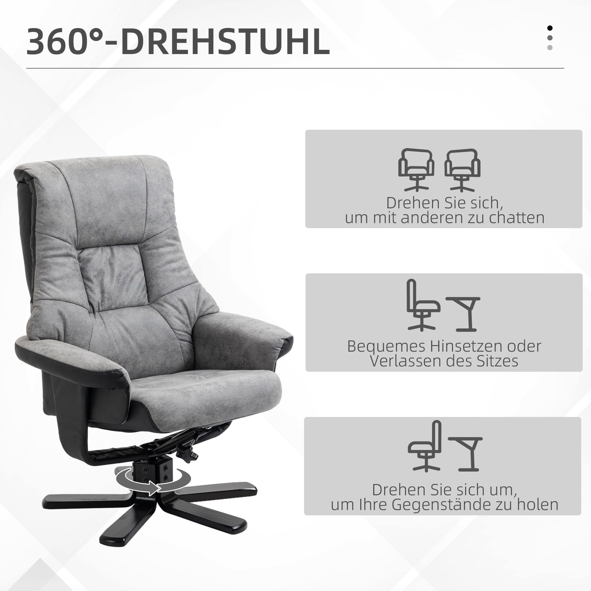 HOMCOM Relaxsessel mit Hocker, Drehbarer Fernsehsessel, TV Sessel mit Liegefunktion, Polstersessel, Mikrofaser Grau, 78 x 82,5 x 109 cm