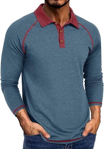 Mens Casual Polo Shirts Raglan Long Sleeve Athletic Tops Contrast Color Lapel Button Tops Vintage Simple Golf Shirts