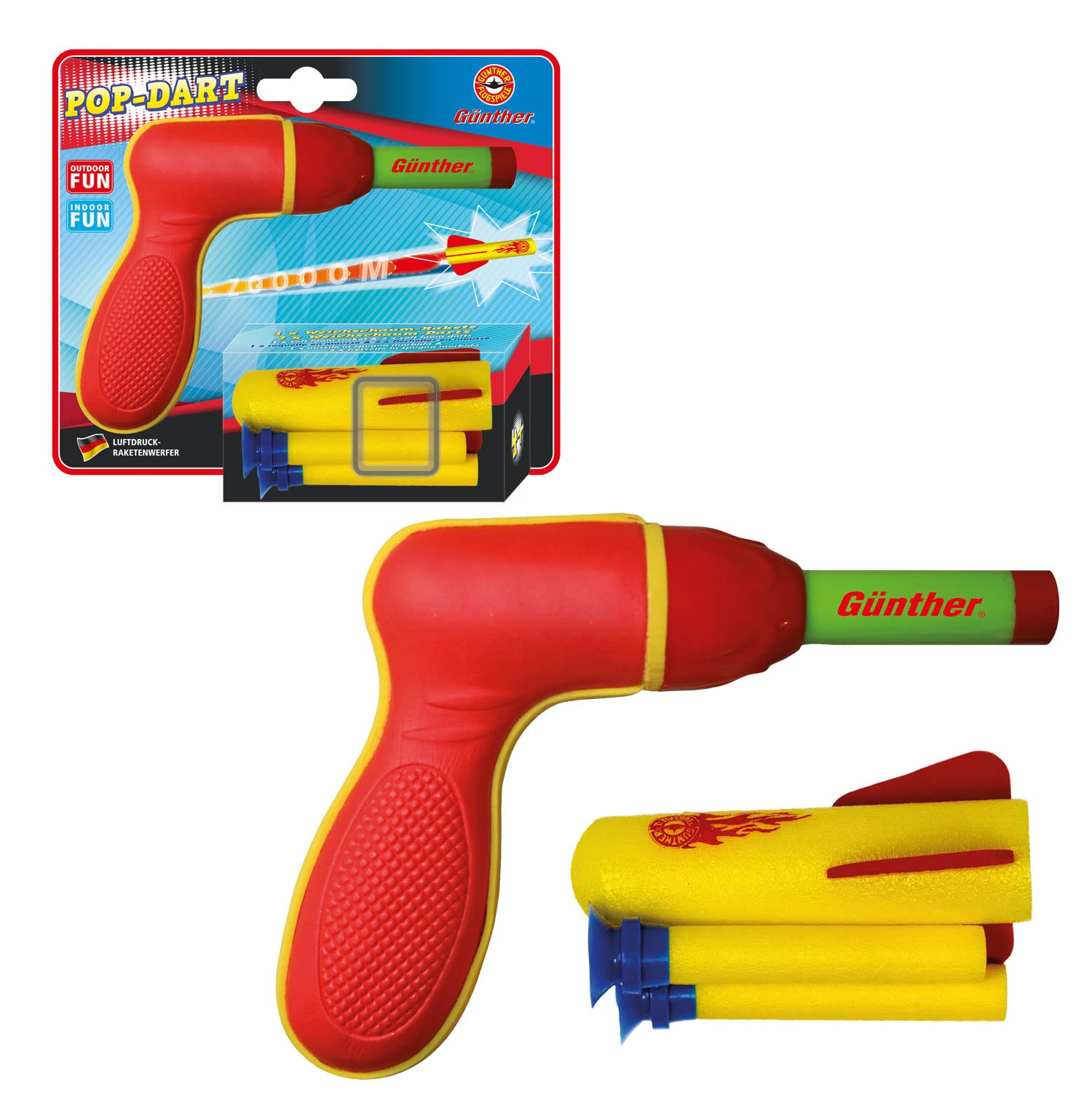 GÜNTHER FLUGSPIELE 1542 - Gioco di razzi Pop Darts, lanciarazzi ad aria compressa per bambini a partire da 4 anni, incl. 1 razzo in schiuma morbida e 2 dardi in schiuma morbida