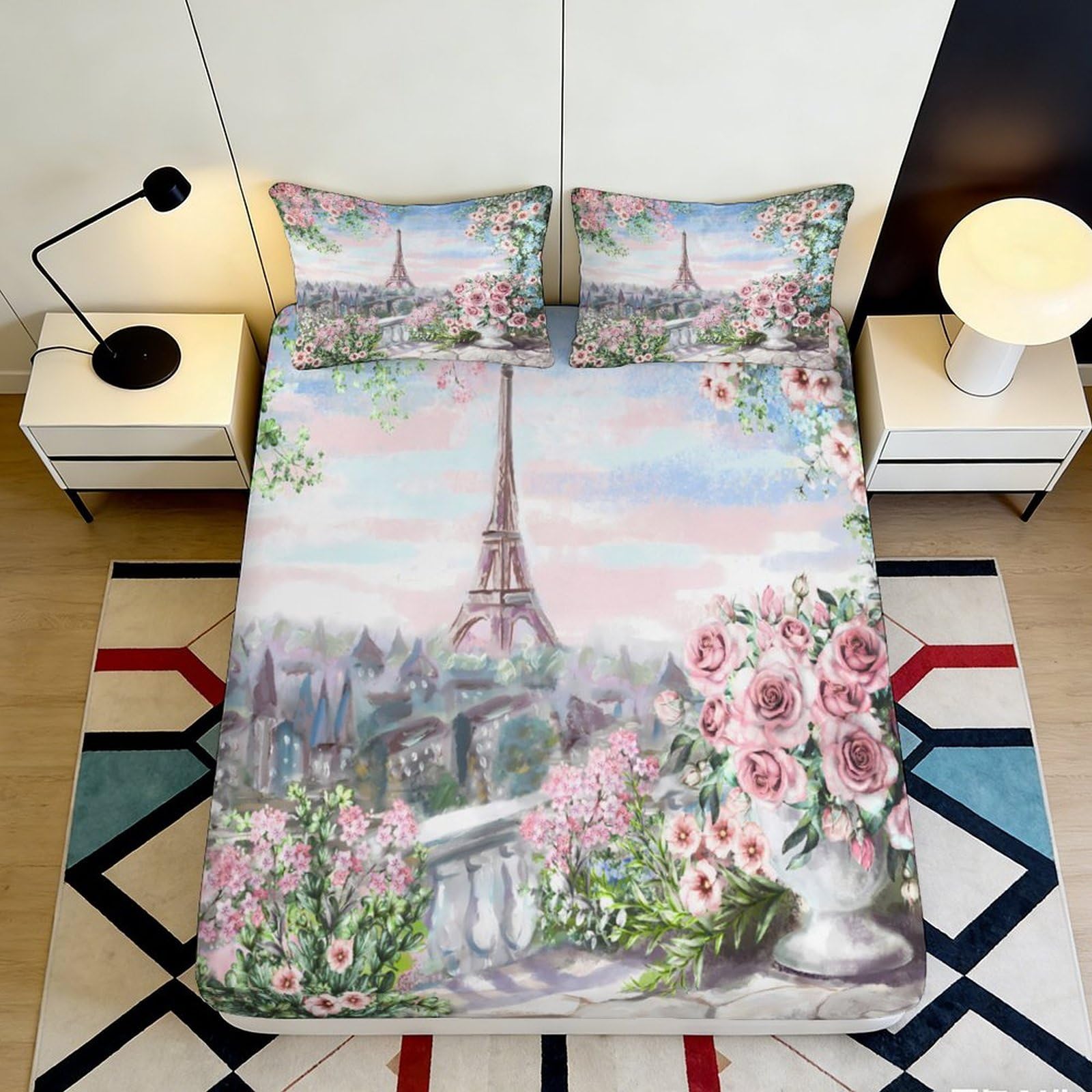 Jqzkxnhpbr Style-10 3D Printed Paris Eiffel Tower Fitted Sheet Microfiber Floral Mattress Cover Bedroom Decor Dustproof Washable 90X200x25cm