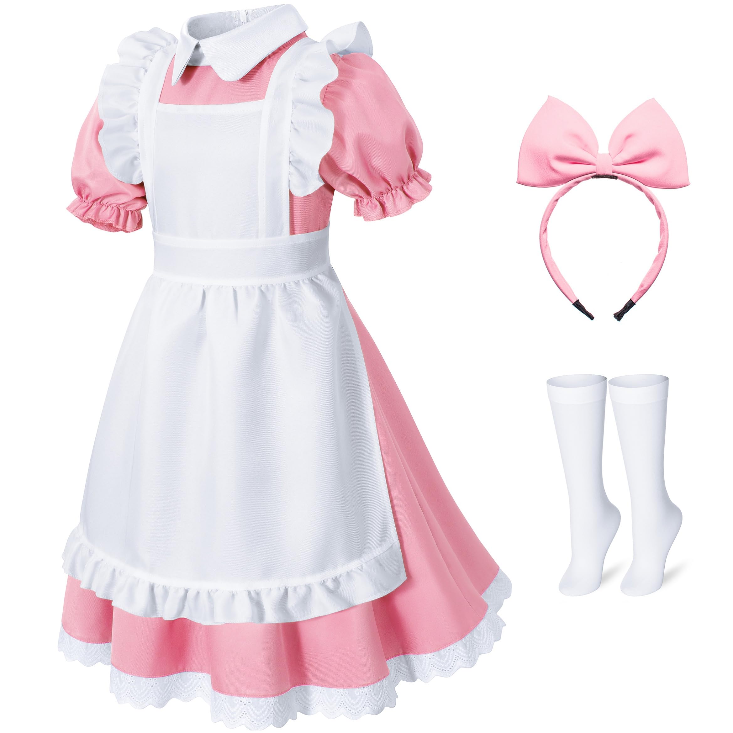 Irtysh Girl Blue Dress White Apron Halloween Cosplay Costume With Bow Hair Band Stockings Set