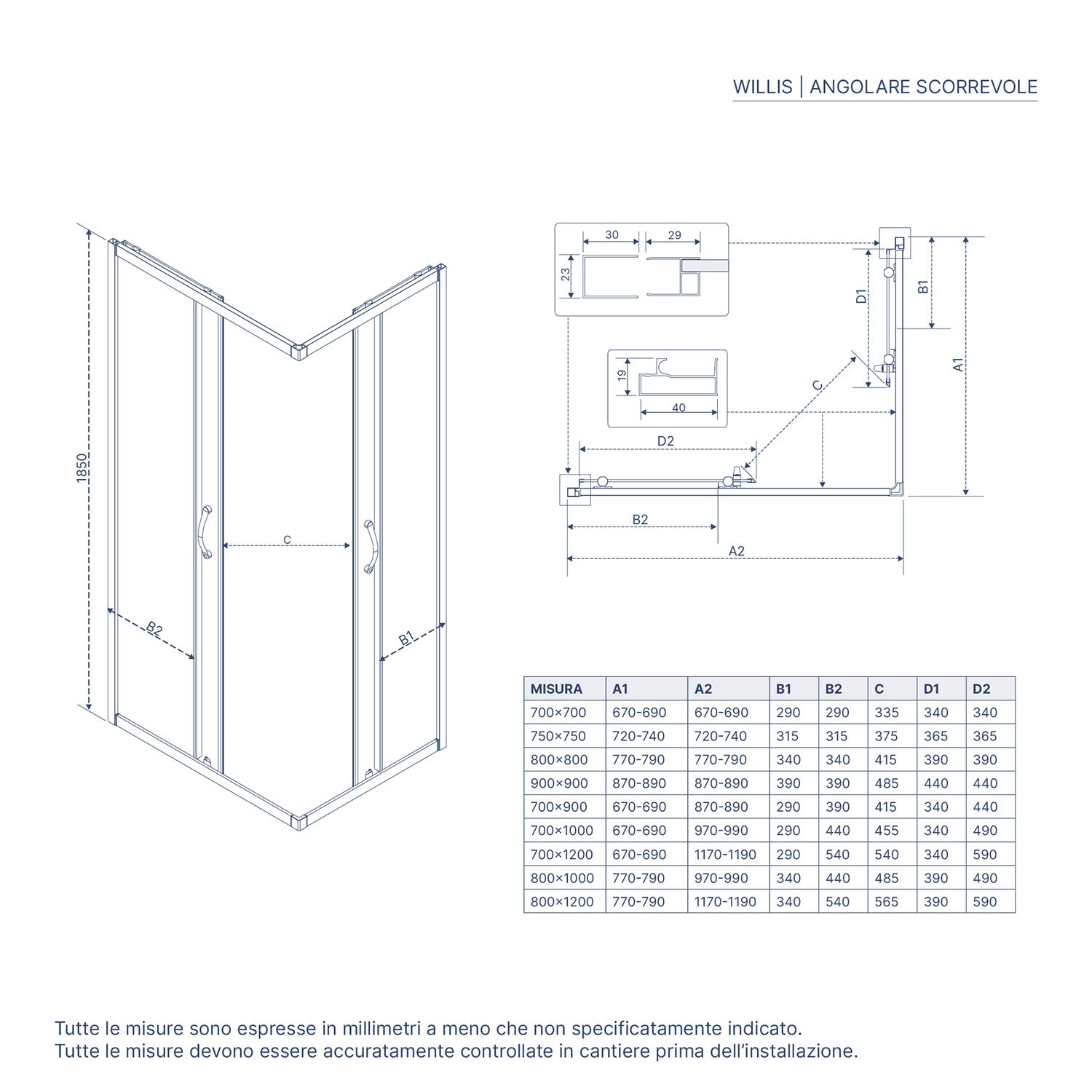 Box Doccia Angolare 80x80 cm Vetro Serigrafato 4 mm Profili Neri H185cm Mod. Willis