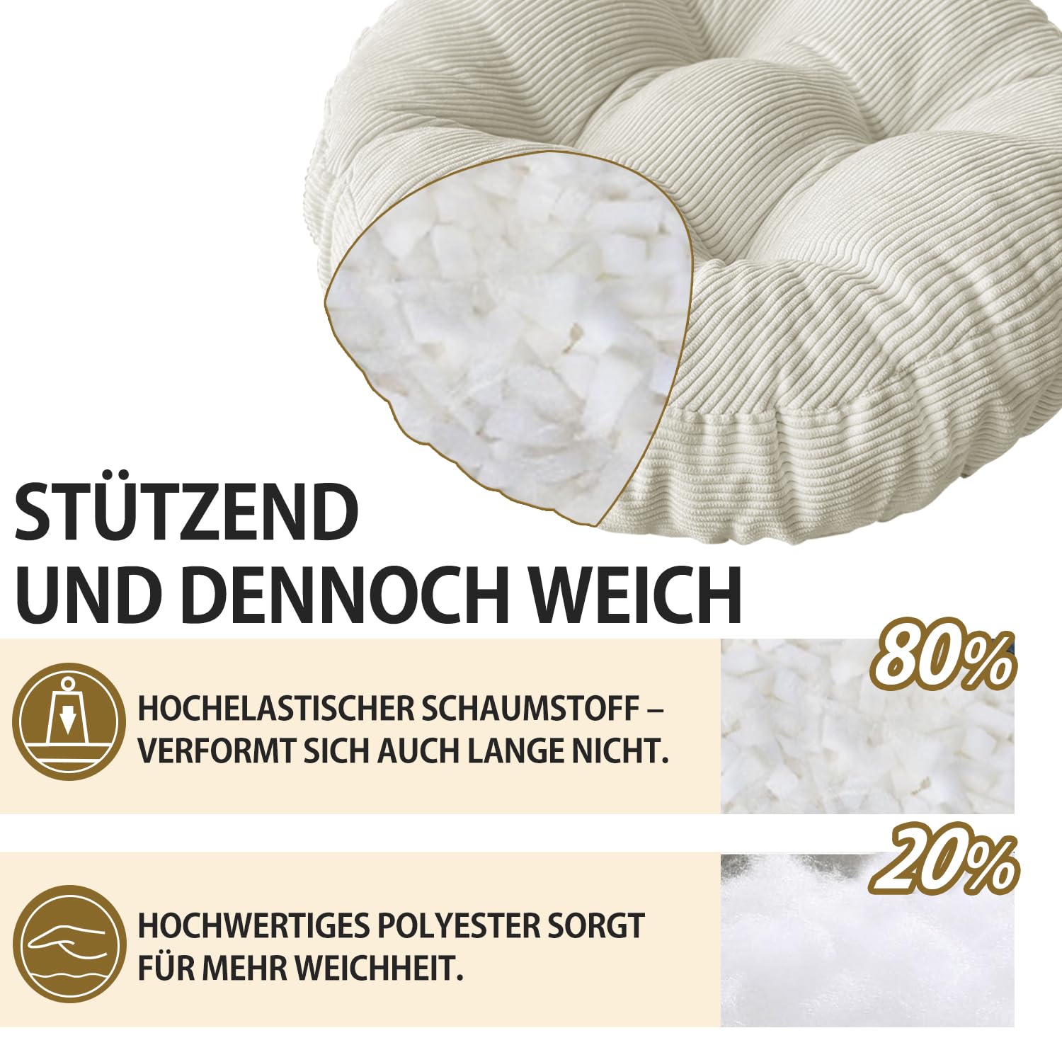 Sitzkissen Rund, 30x30 cm rutschfest Waschbare Sitzpolster Bequemes Stuhlkissen 8 cm Dick Waschbare Cordstoff Stuhlauflage, für Indoor Küchen Garden Holzstühle