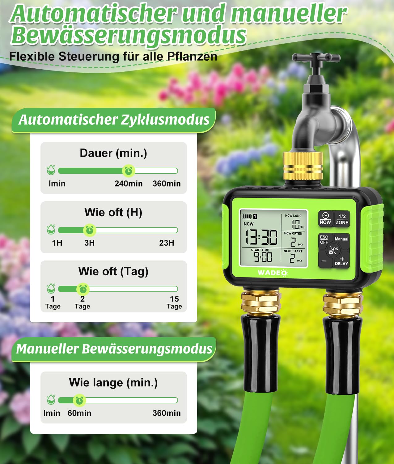 WADEO Bewässerungscomputer 2 Ausgänge, Messing-Einlass und -Auslass, LCD-Display, Automatische Bewässerung Wasser Zeitschaltuhr mit Auto/Manuell/Regenverzögerung Modus, für Garten Rasen