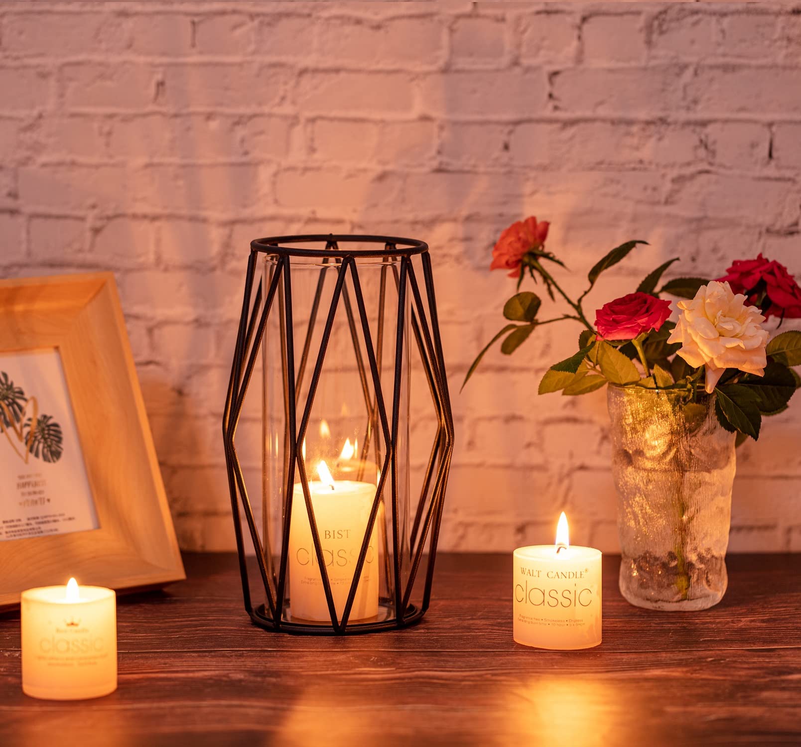 Schwarzer geometrischer Stumpenkerzenhalter – 2 Stück Glaszylinder-Hurricane-Kerzenhalter mit Metall-Kerzenständer, kreative trendige Vase für Büro, Hochzeit, Urlaub, Party, Geschenke