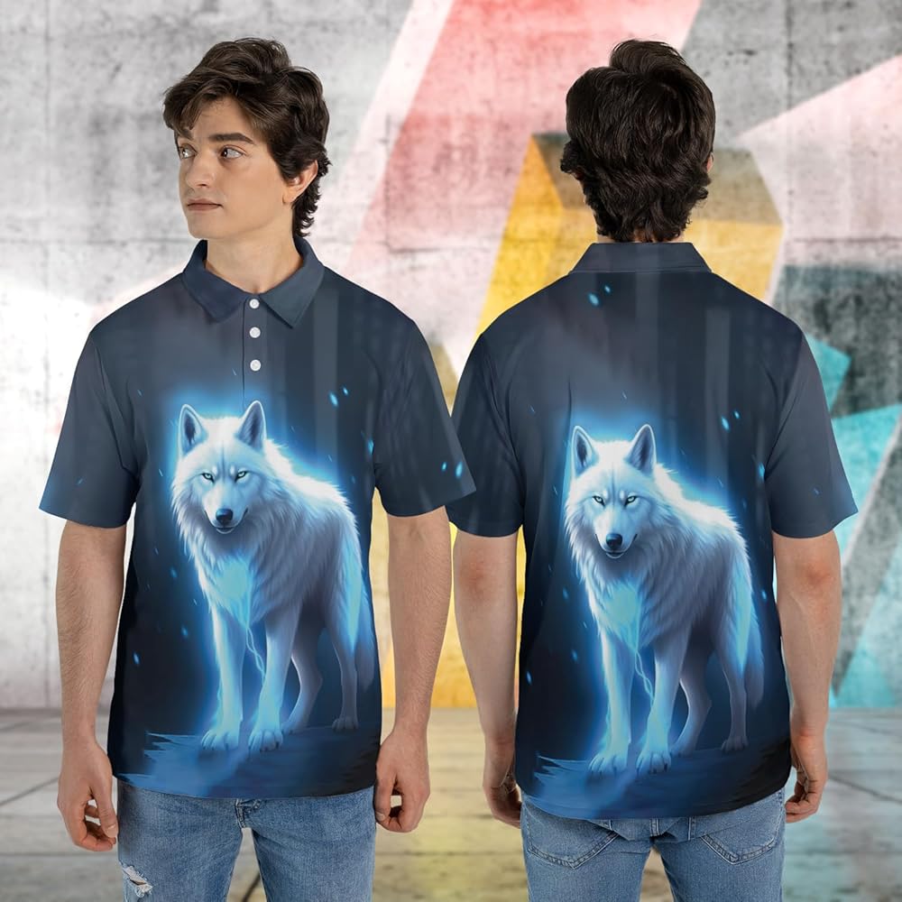 Wolf Lovers Polo Shirts for Men - Mighty Wolf Mens Quick Dry Short Wolf Lovers Polo Shirts for Men - Mighty Wolf Mens Quick Dry Short