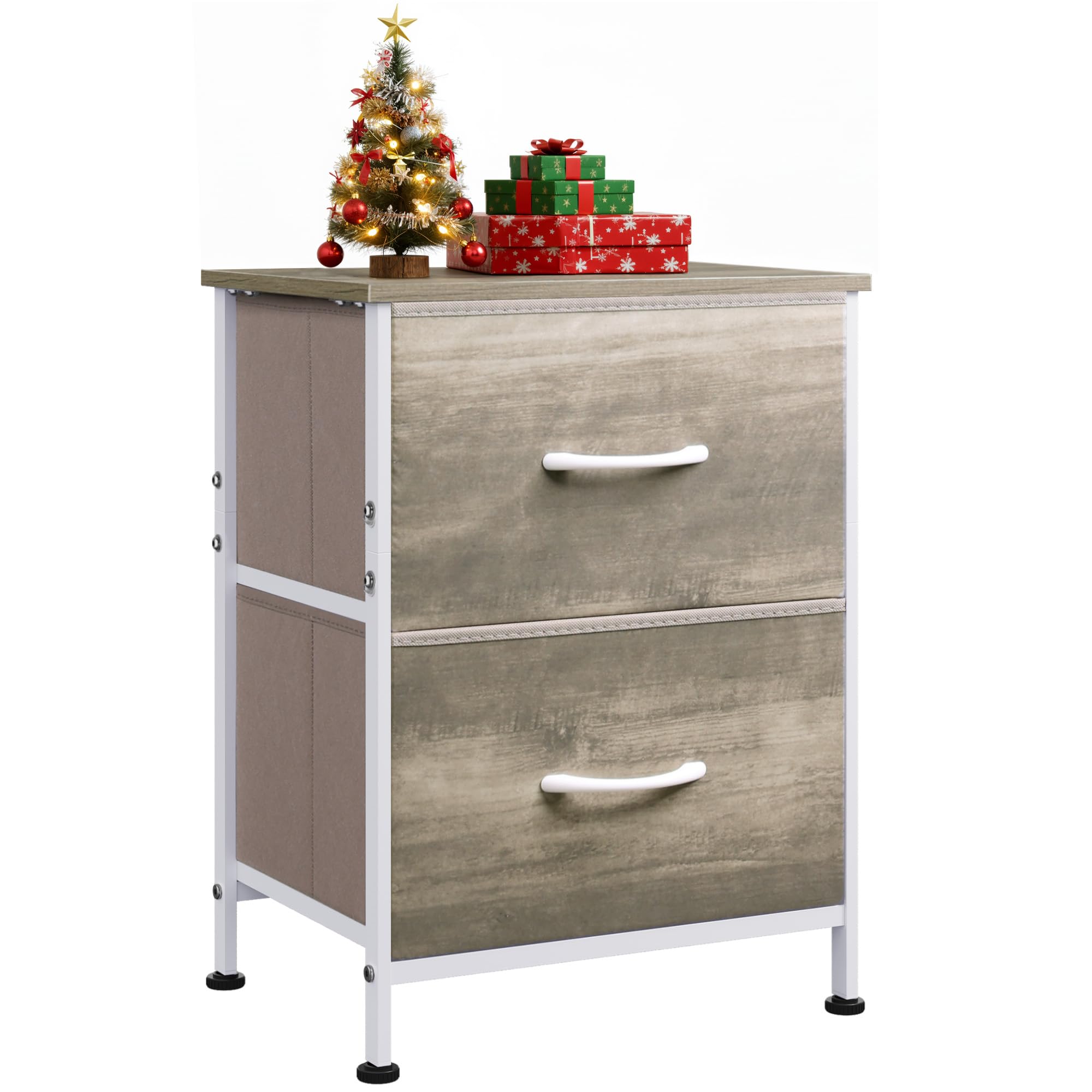 WLIVE Nightstand, 2 Drawer Dresser for Bedroom, Small Dresser with 2 Drawers, Bedside Furniture, Night Stand, End Table with Fabric Bins for Bedroom, Closet, College Dorm, Greige Oak