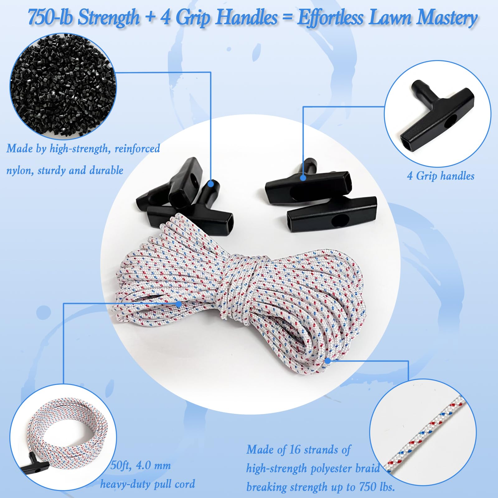 Kit de corde de traction robuste – 15,2 m x 4 mm – Corde de rechange pour tondeuse à gazon, corde de démarrage avec 4 poignées universelles pour tronçonneuses, souffleuses à neige et moteurs à essence