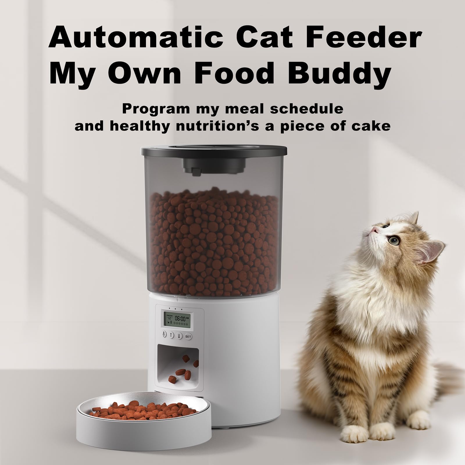 4.2L Automatic Cat Feeder,6 Meals/Day,Dual Power,Dry Pet Food Autofeeder Portion Control,Timer Setting,10S Voice Record (Transparent White, Stainless Steel Bowl) - image 5