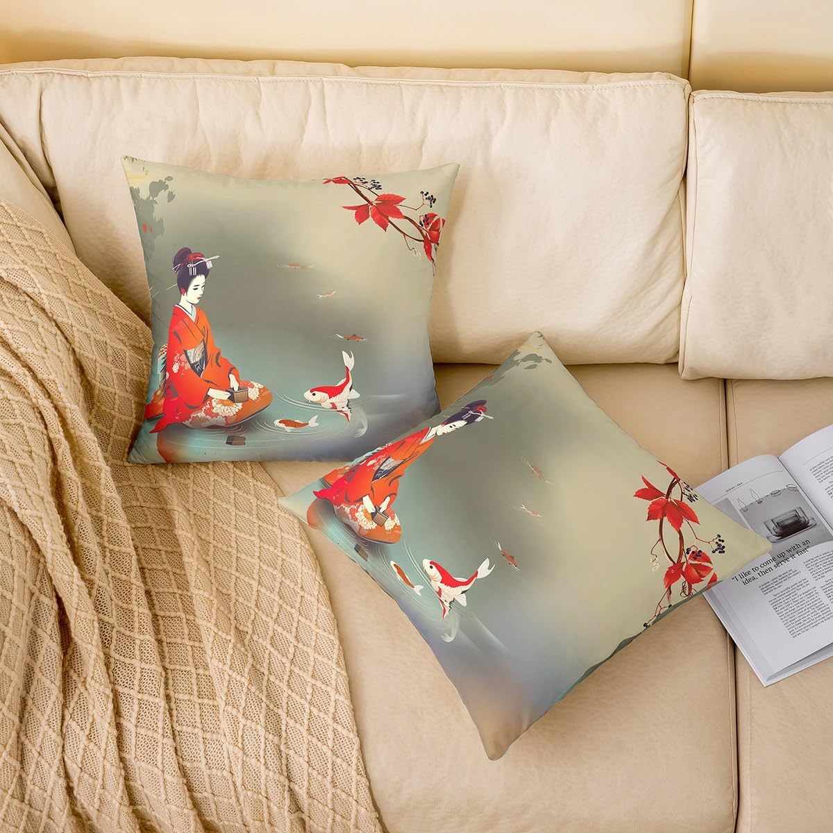 Erosebridal Traditional Kimono Throw Pillow Covers Set of 2,Red White Koi Fish Pillow Covers,Japanese Style Cushion Covers,Vintage Artwork Decorative Accent Pillow Cases 24x24 Inch for Bedroom