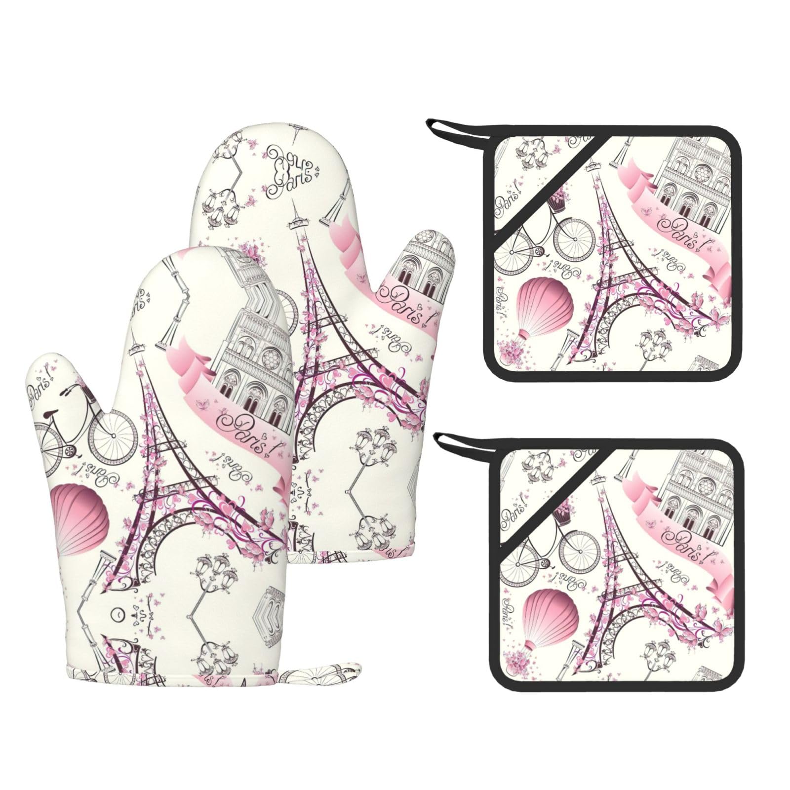Paris Tower Flower Printed Cooking Mitts and Pot Holders 4 Pcs, Heat Resistant Oven Gloves with Hanging Loop Chef