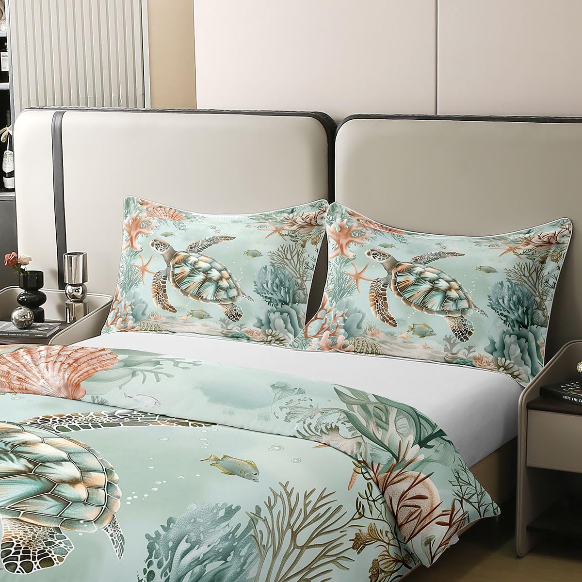 Homewish Ozean Reptil Schildkröte Bettwäsche Baumwolle Meer Schildkröte Muster Bettbezug 135x200 Fisch Marine Thema Bettwäsche Set Kinder Jungen Mädchen Unterwasser Tiere Kreaturen Bettset Zimmerdekor