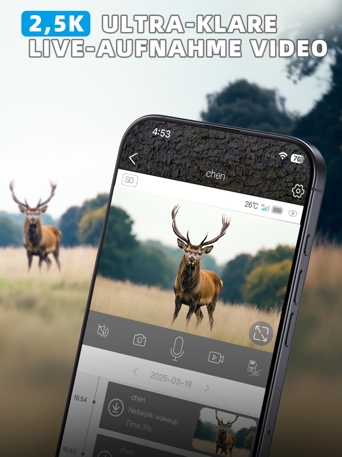 Wildkamera, 4G LTE Wildkamera mit Handyübertragung APP, 2,5K Wildtierkamera Solar mit SIM Karte, Bewegungsmelder, Nachtsicht, 0,2 s Auslösezeit, IP65 wasserdicht, 32GB SD Karte und 7800mAh Akku
