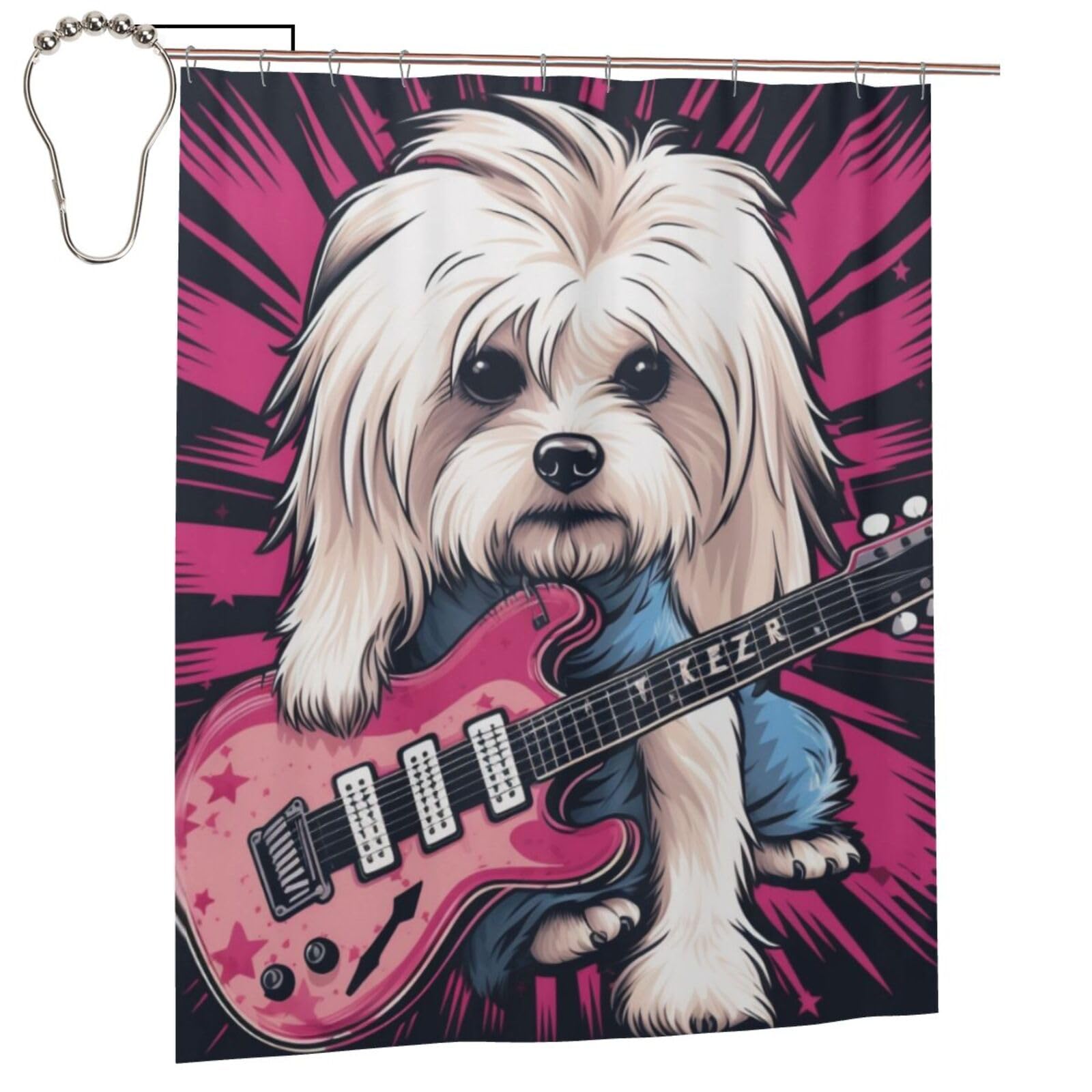 Play Guitar - Cortina de ducha con estampado de perro blanco de 60 x 72 pulgadas, cortina de ducha de tela de poliéster impermeable, decoración de bañera con 12 ganchos, secado rápido, lavable