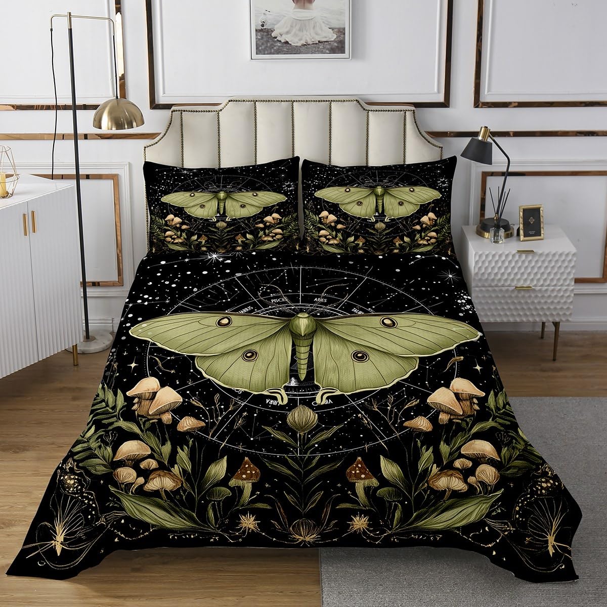 Moth Butterfly Coverlet Set Twin Size Botanical Leaves Mushroom Bedspread Fashion Room Decor Boho Constellation Quilted for Teens Gift Exotic Gothic Bedspread with 1 Pillowcase