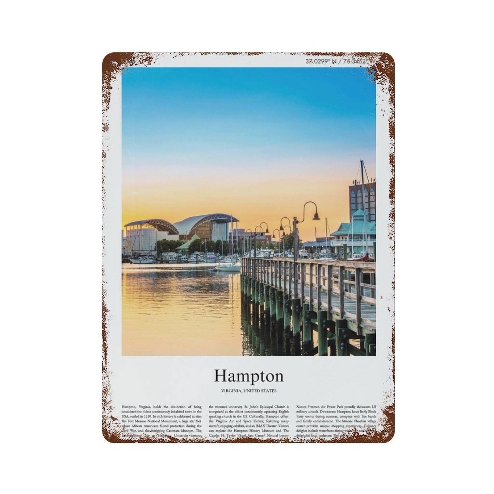 xiaoxiaoshen Hampton Virginia, United States, USA City Scenery Wall Decor Art Metal Tin Poster Modern Home Decor Art Home Bar Shop Decorations Vintage Sign 40x30cm