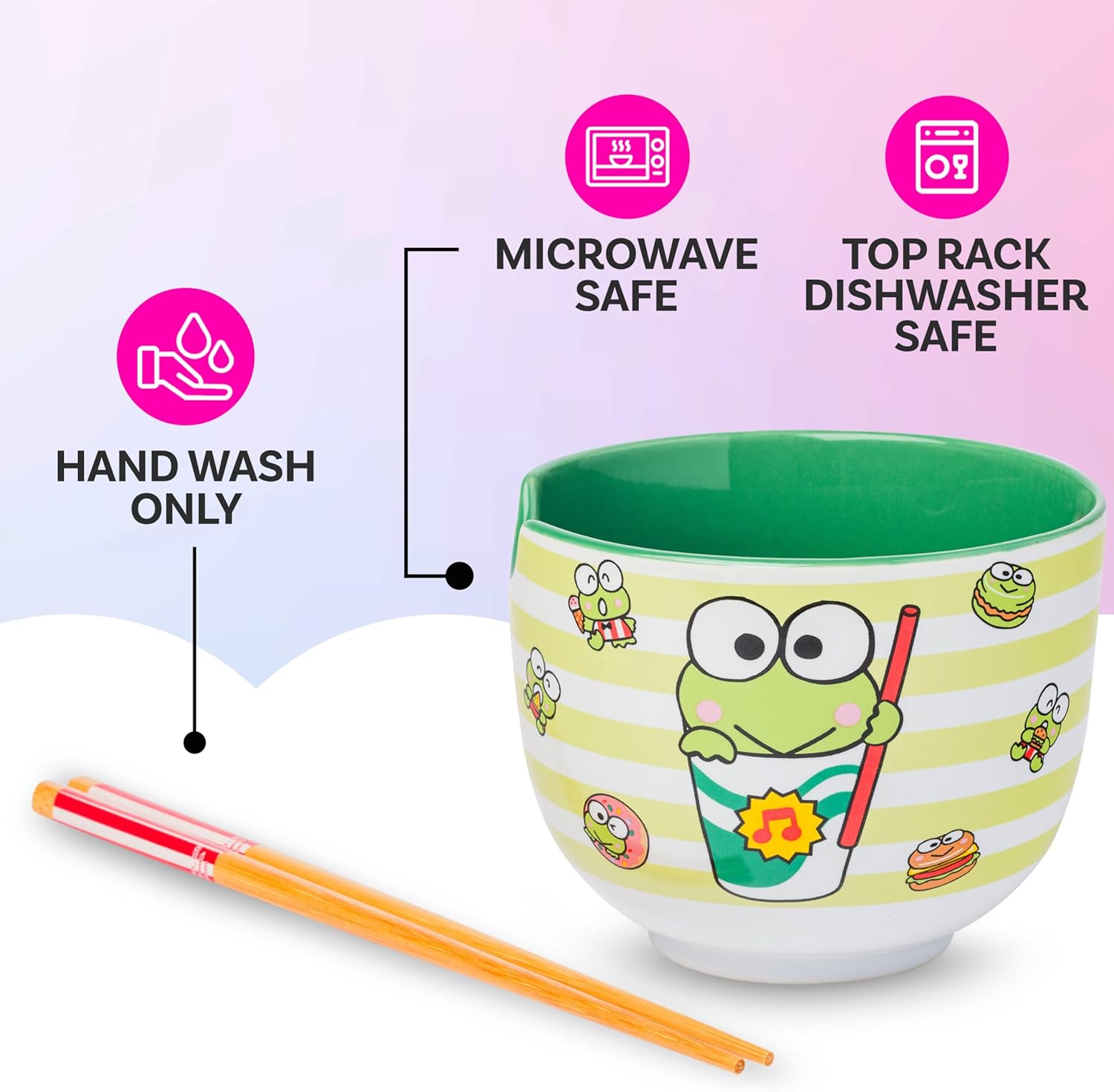 Silver Buffalo Sanrio Hello Kitty and Friends Keroppi Foodie Icons Ceramic Ramen Noodle Rice Bowl with Chopsticks, Microwave Safe, 20 Ounces - Image 4