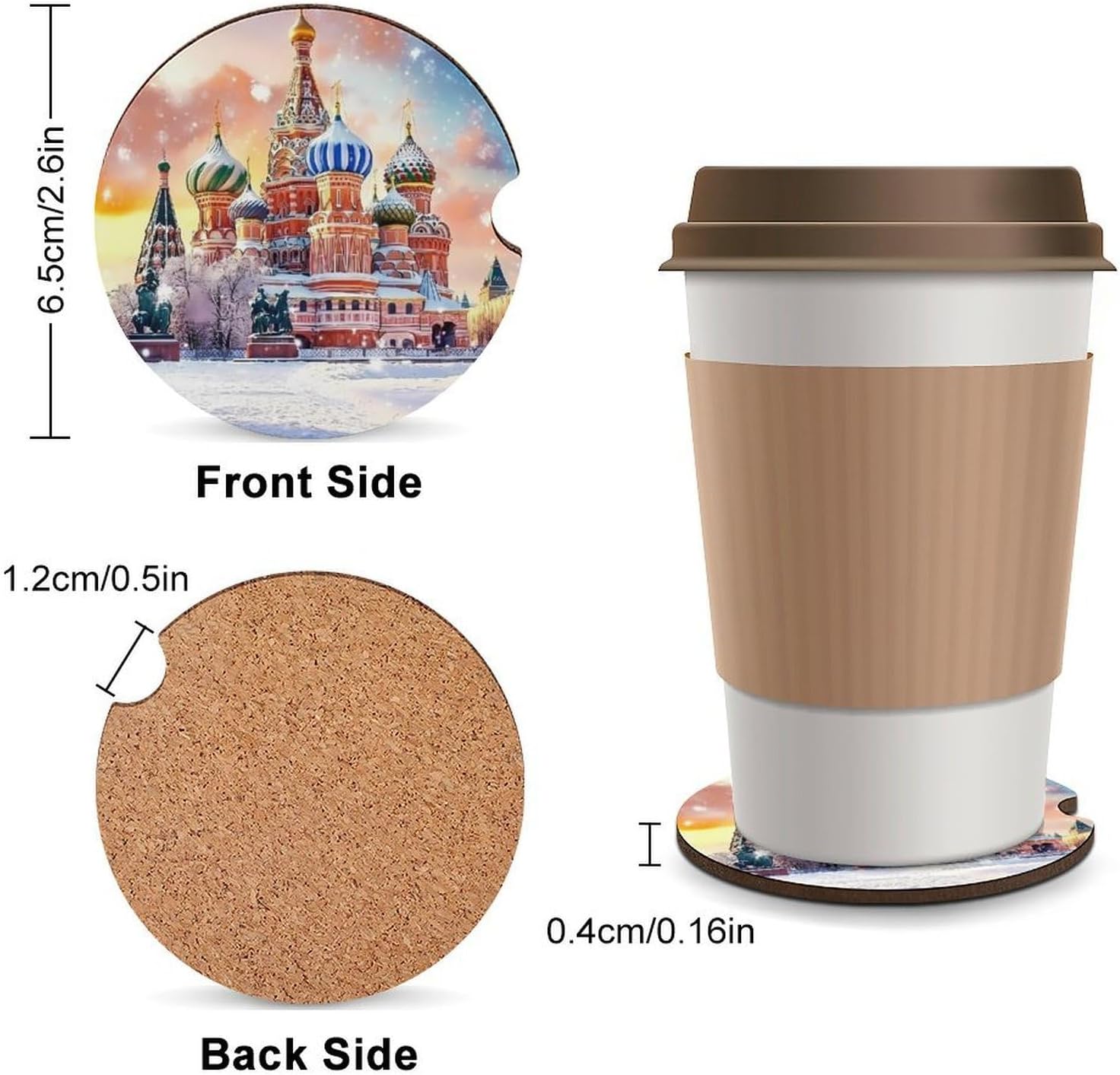 St Basils Cathedral in Moscow Russia Cute Car Coasters 2.56 Inch Absorbent Cup Holder for Drinks Auto Interior Accessories