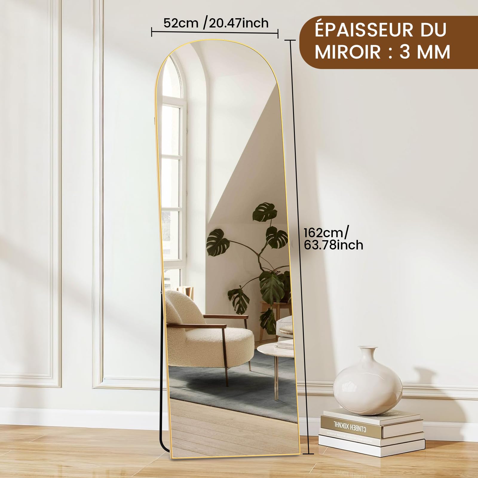 Miroir sur Pied Arqué 162x52cm, Grand Miroir Mural Pleine Longueur, Arc Doré