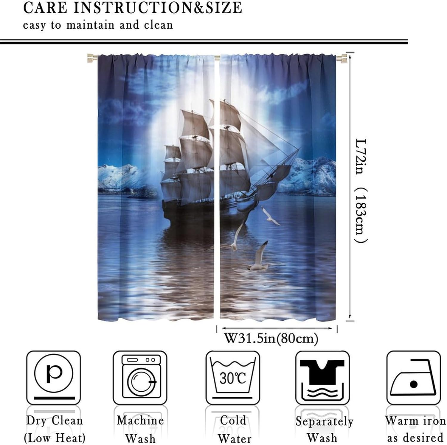 Brebasf Vintage Arctic Nautical Sailing Ship Curtains for Living Room Watercolor Norse Pirate Ship Ocean Seagulls Thermal Insulated Rod Pocket Blackout Curtains/Drapes 2 Panels 72" L x 31.5" W