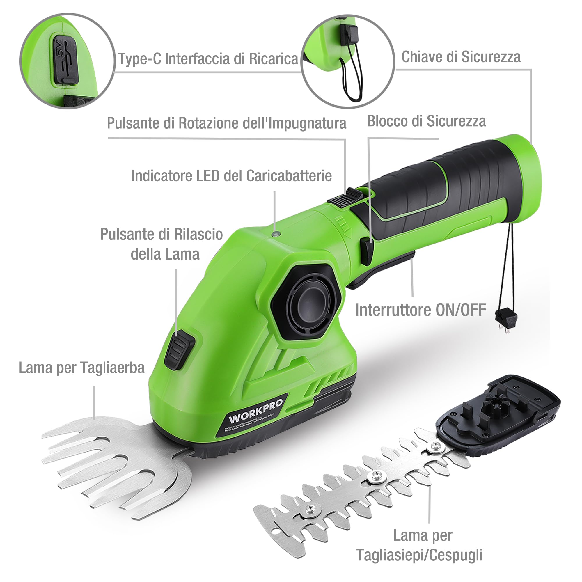 WORKPRO Forbici a Batteria 7,2V, Cesoia Elettrica a Batteria al Litio 2Ah, Larghezza di Taglio 97mm, Lunghezza di Taglio 140mm, Adatto al Giardino