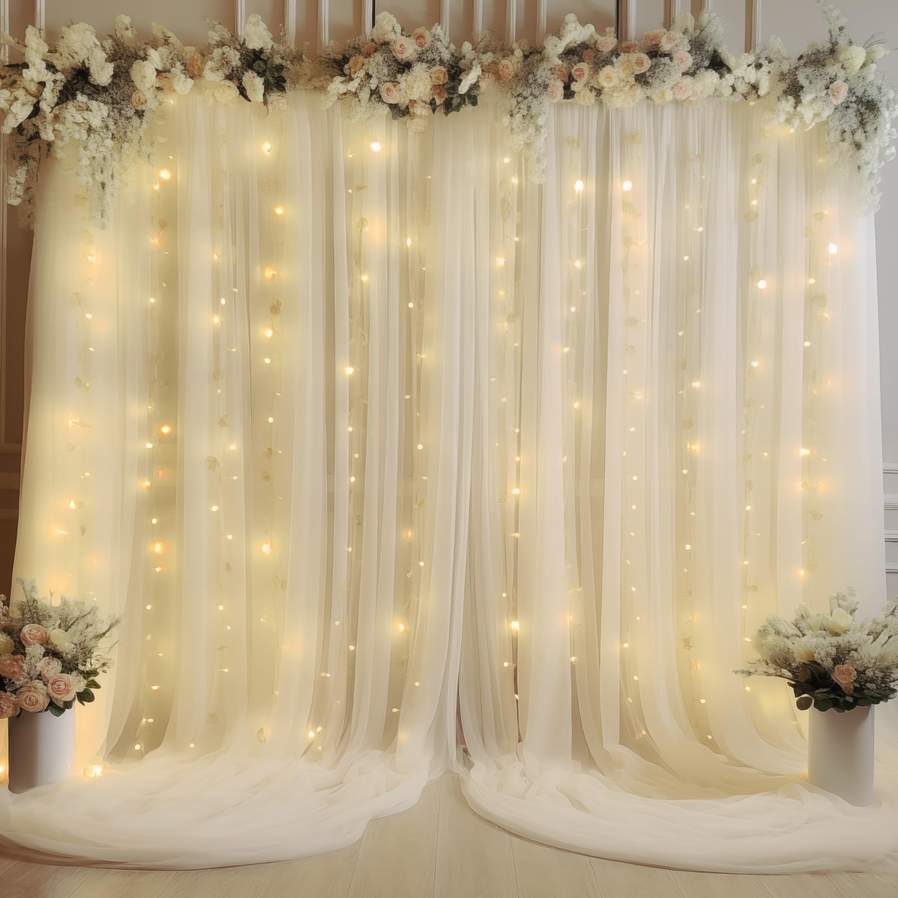 Vorhang, Tüll, mit Lichterkette, durchsichtig, für Hochzeiten, Partys, Heimdekorationen, 6 x 3 m, cremeweiß