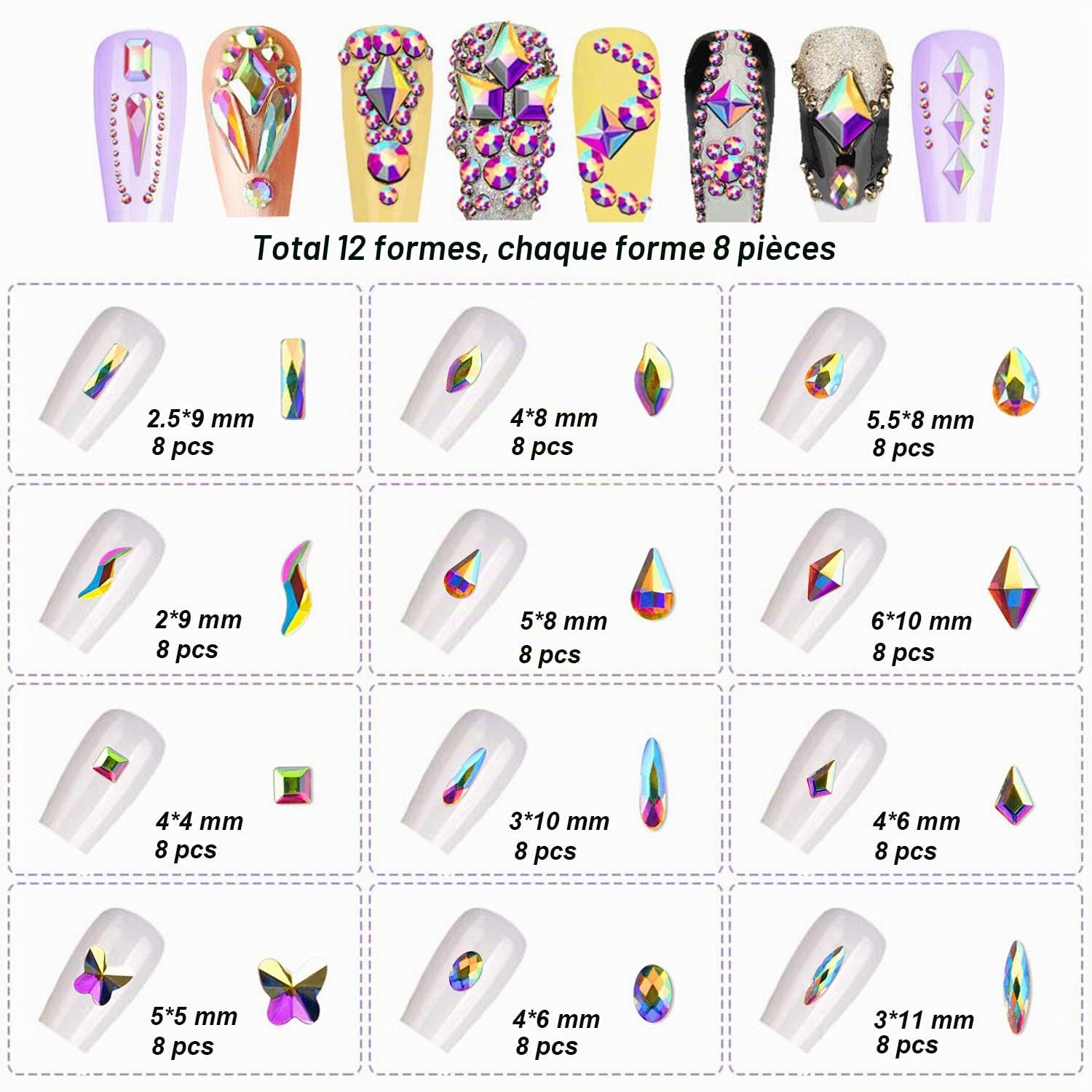 FITDON Strass pour Nail Art, cristal AB strass gemmes dos plat & diamant à ongles clair Pour décoration d'ongles Accessoires DIY Jewel Charms