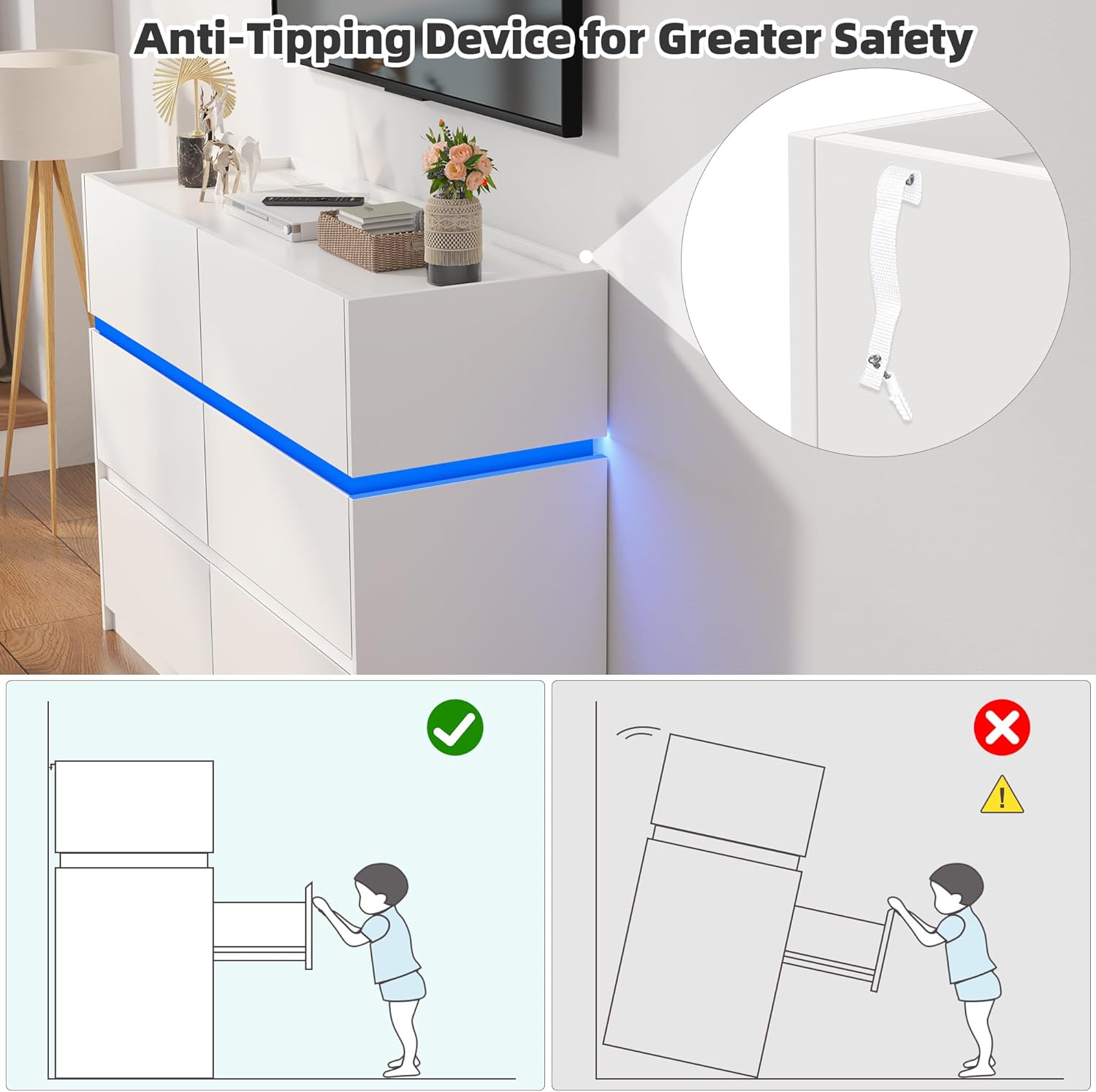6 Drawer Dresser with Charging Station and LED Lights - Wide Double Chest of Drawers Organizer, Modern TV Stand Drawer Storage Cabinets for Bedroom, Living Room, Entryway, Hallway