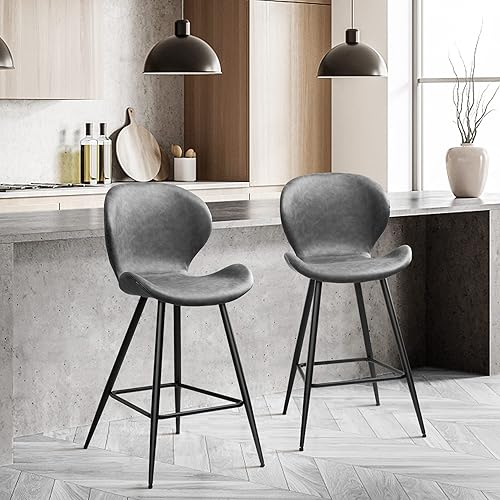 KithKasa Juego de 2 taburetes de bar de altura de mostrador con respaldo, modernos de cuero sintético de mediados de siglo, 26 pulgadas, taburetes