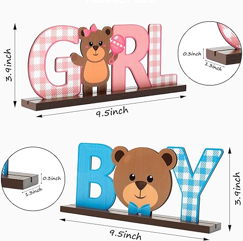 Miniatura 2 de Letrero decorativo de madera de oso de peluche, decoración de revelación de género para niños y niñas, 2 centros de mesa azul/rosa para él/ella,