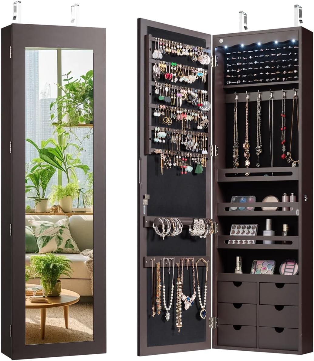 Giantex 47.5" Lockable Jewelry Armoire: Wall/Door Mount, Full-Length Mirror, LED Lights, Espresso Organizer w/6 Drawers