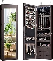 Giantex 47.5" Lockable Jewelry Armoire: Wall/Door Mount, Full-Length Mirror, LED Lights, Espresso Organizer w/6 Drawers