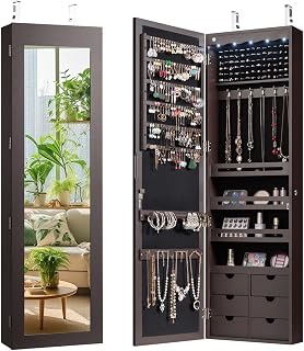 Giantex 47.5" Lockable Jewelry Armoire: Wall/Door Mount, Full-Length Mirror, LED Lights, Espresso Organizer w/6 Drawers