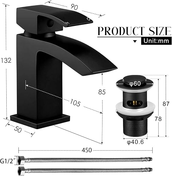 Wasserrhythm Basin Taps with Pop up Waste Black Waterfall Square Bathoom Sink Tap Mixers Brass Mono Cloakroom Faucet Monobloc with Slotted Waste Modern 1 Hole G1/2 Hoses