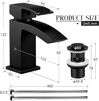 Wasserrhythm Basin Taps with Pop up Waste Black Waterfall Square Bathoom Sink Tap Mixers Brass Mono Cloakroom Faucet Monobloc with Slotted Waste Modern 1 Hole G1/2 Hoses