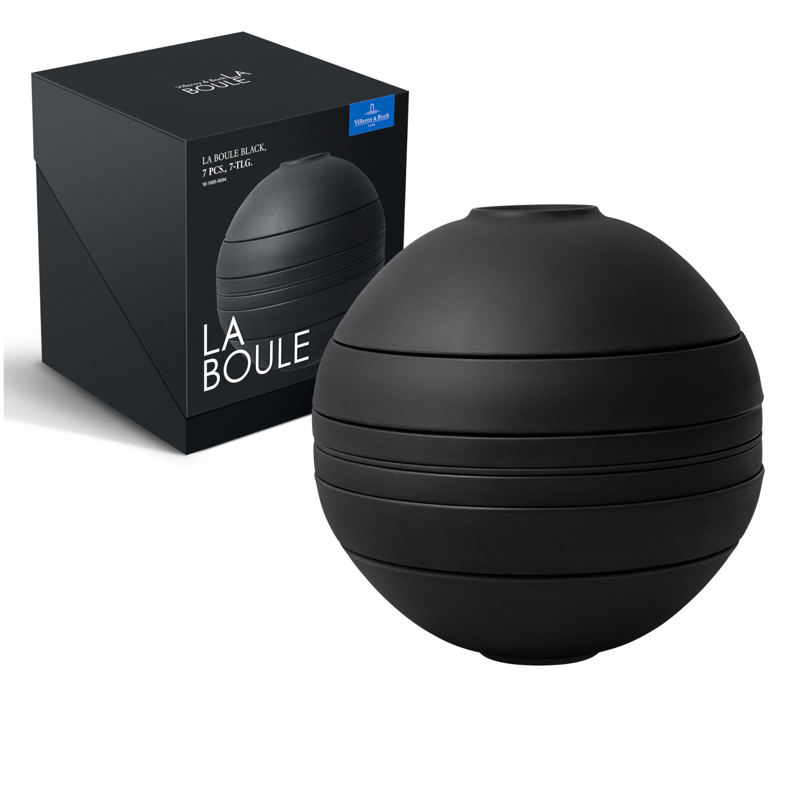 Villeroy & Boch Iconic Collection La Boule, 7-Piece Dinnerware Set for 2, Premium Porcelain, Made in Germany, Dishwasher Safe, 9.5 x 9 in, Black