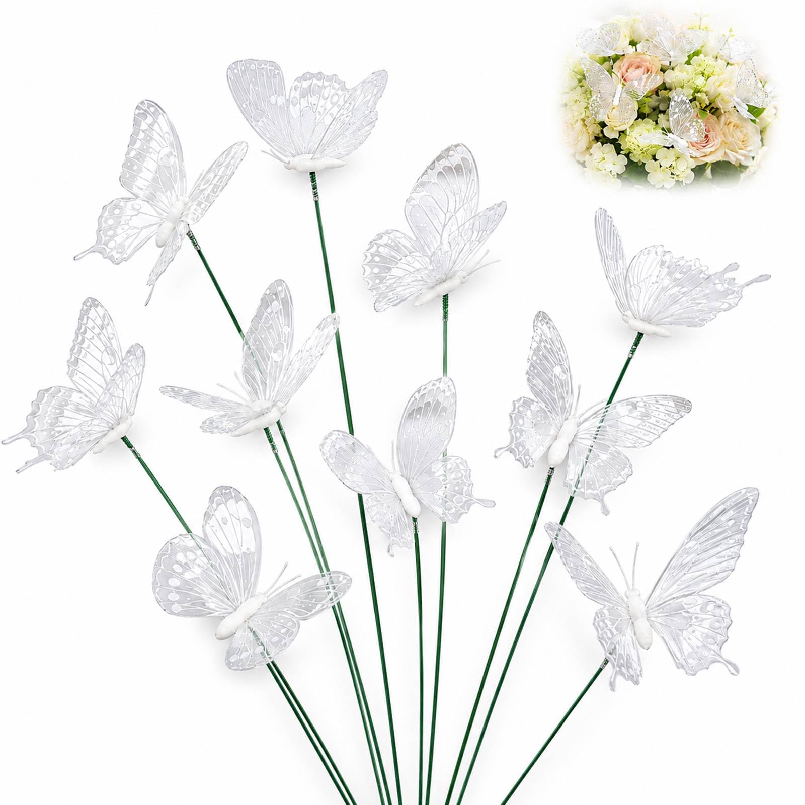 WHJYCC 10PCS Outdoor Butterfly Garden Stakes - Lifelike Metal Butterfly Ornaments with Vivid Colors and Dynamic Poses for Fairy Garden Flower Pots Plants Yard Patio Lawn Decoration Accent (White)