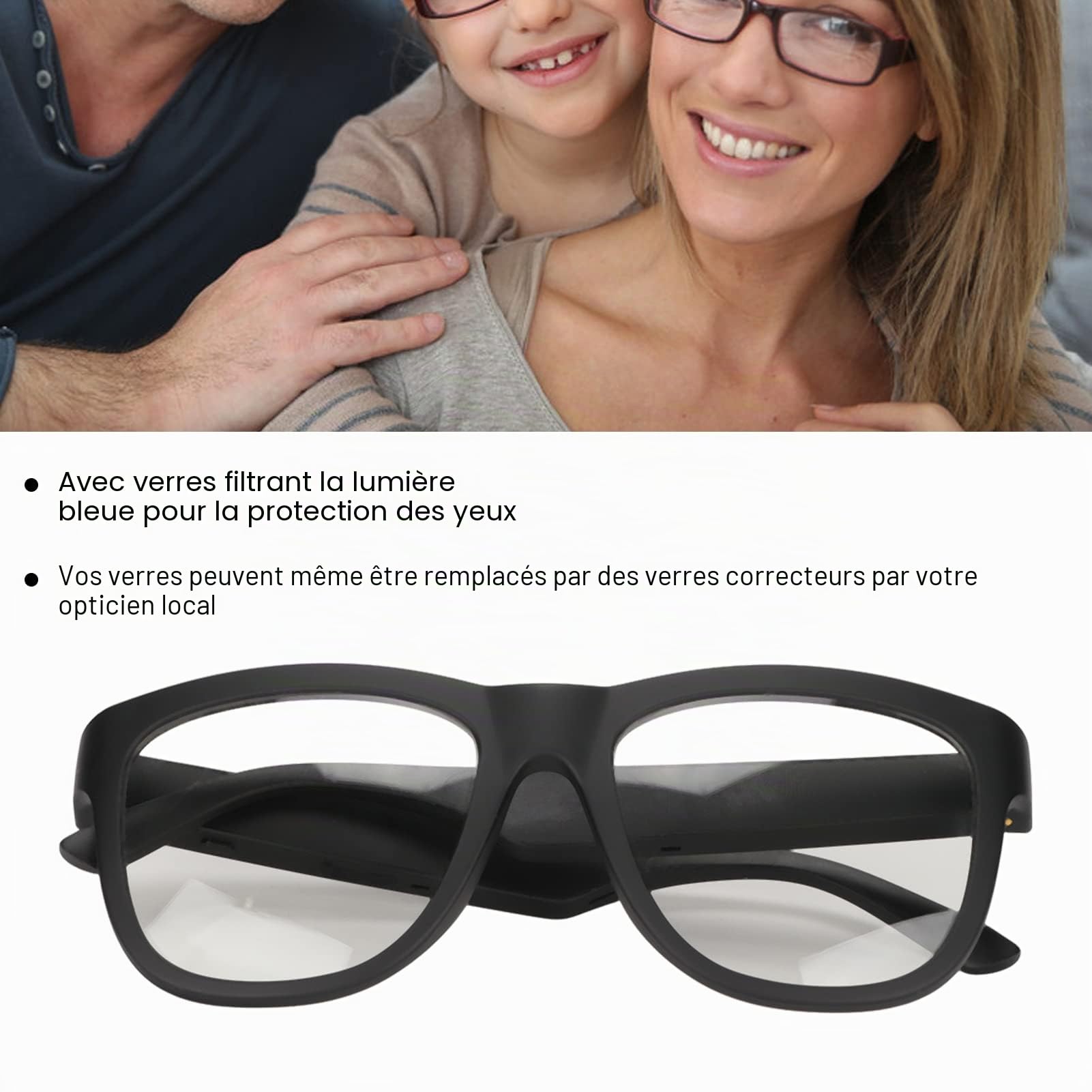 Lunettes Intelligentes, Lunettes de Audio Bluetooth sans Fil Micro et Haut-Parleur Intégrés Commande Vocale Appel Mains Libres, Écouteurs Multifonctions sans Fil à Oreille