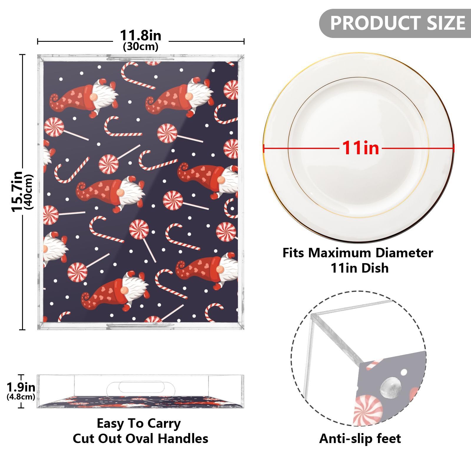 Bandeja transparente con textura navideña, gnomos rojos, bandeja acrílica transparente con asas, bandeja decorativa transparente de 12 x 16 pulgadas, bandeja transparente para servir a prueba de