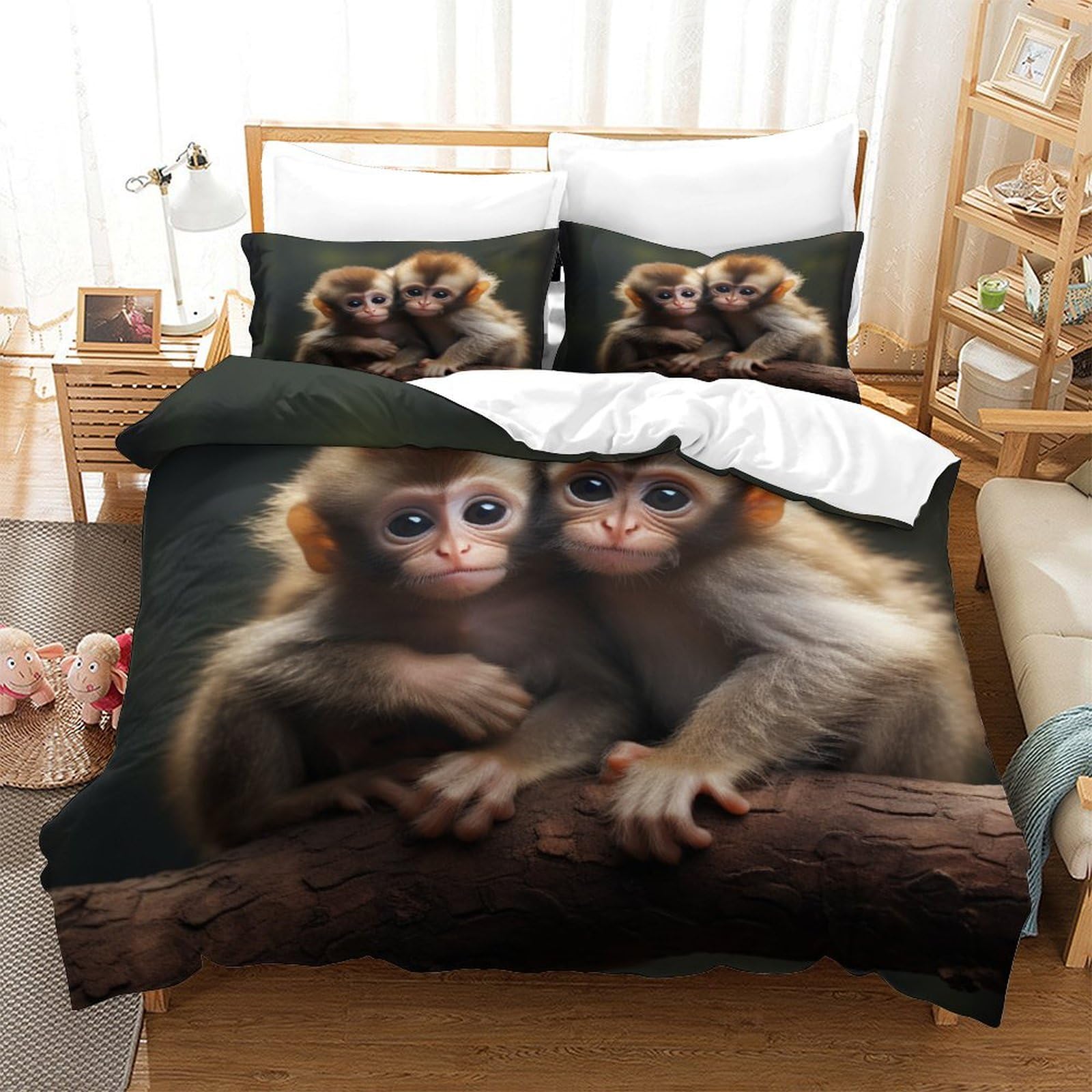 P1S9U7W5Y Gentle Animal 3D Printed Monkey Duvet Cover Set 3 Pieces Microfiber Bedroom Decor Monkey Bedding Set for Adults Teens Soft Breathable Gift Double（200x200cm）