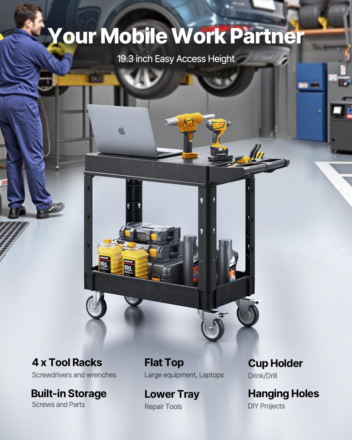 VEVOR Carrello Portaoggetti in Plastica Resistente a Due Ripiani con Ruote Girevoli a 360° Carrello di Servizio da 795 x 450 mm Capacità di Carico di 250 kg Adatto per Magazzino, Garage, Pulizia