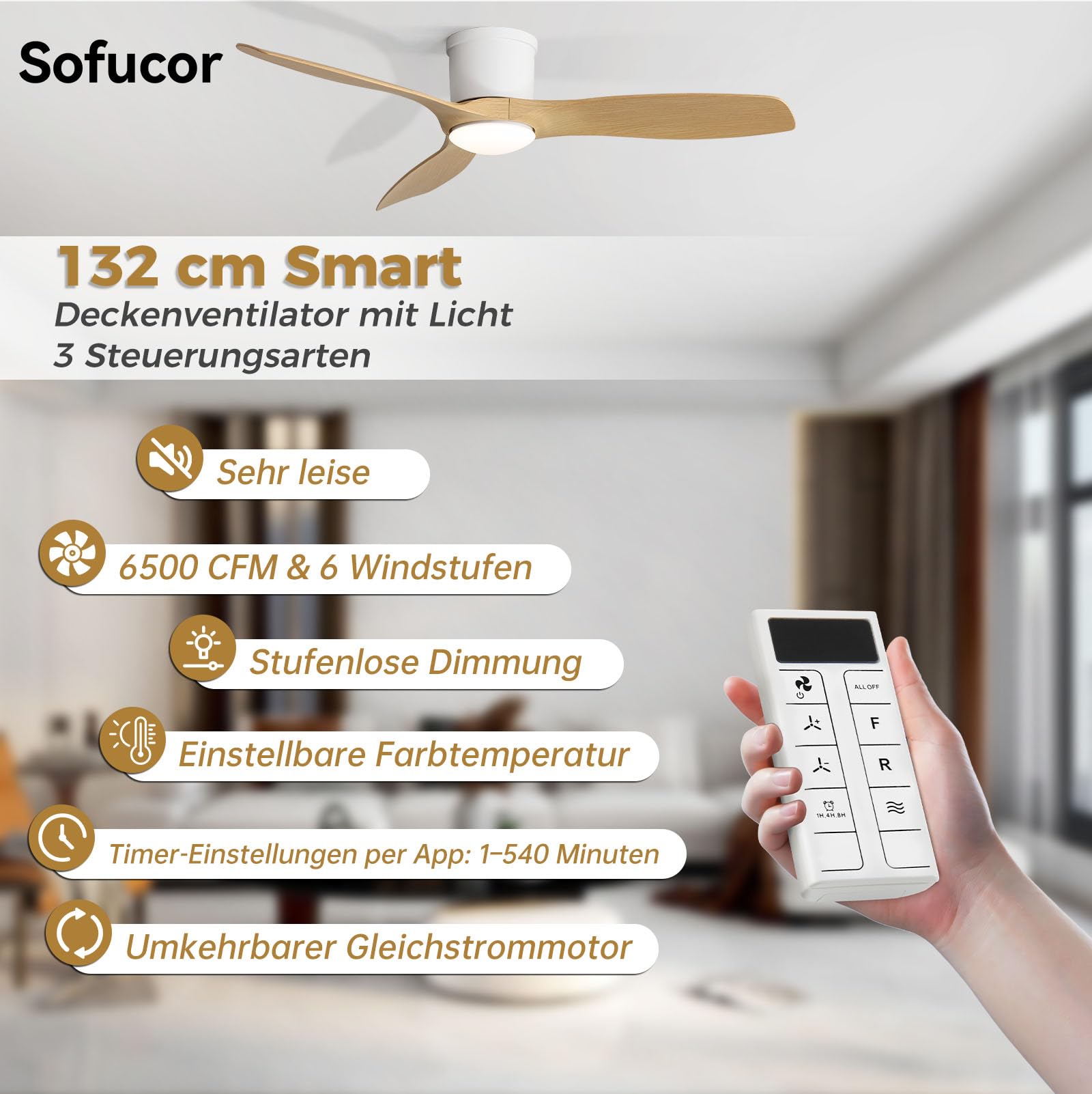 Sofucor Smart Deckenventilator mit Beleuchtung,132cm Leise Deckenventilator mit Licht, Alexa/APP, Fernbedienung, WLAN, 3 Farbtemperatur, DC, Timer, 6 Geschwindigkeiten für Schlafzimme