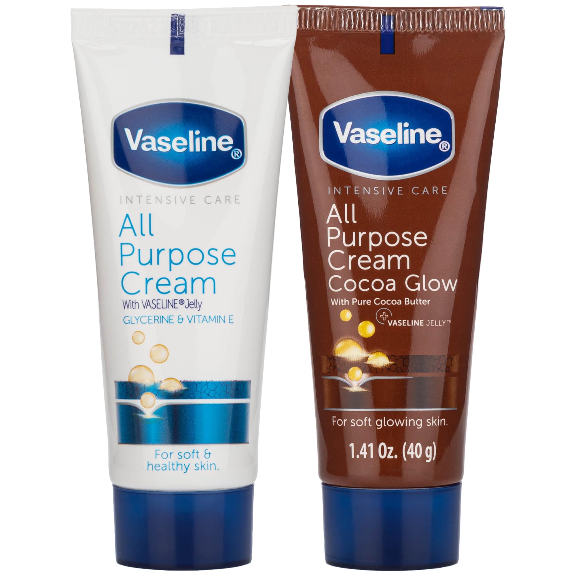 Vaseline Travel Essentials, All Purpose Cream Variety 2-Pack, Original & Cocoa Glow, Hand & Body Lotion for Extremely Dry Skin, 1.41 Oz Ea