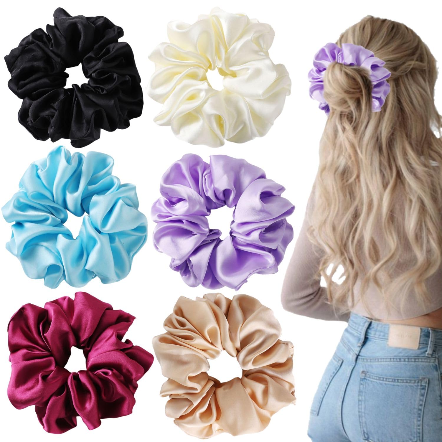 Big Satin Scrunchies - 6 PCS Oversized Jumbo Scrunchies for Women's Thick & Curly Hair, Style 6, 1 count (Pack of 6)