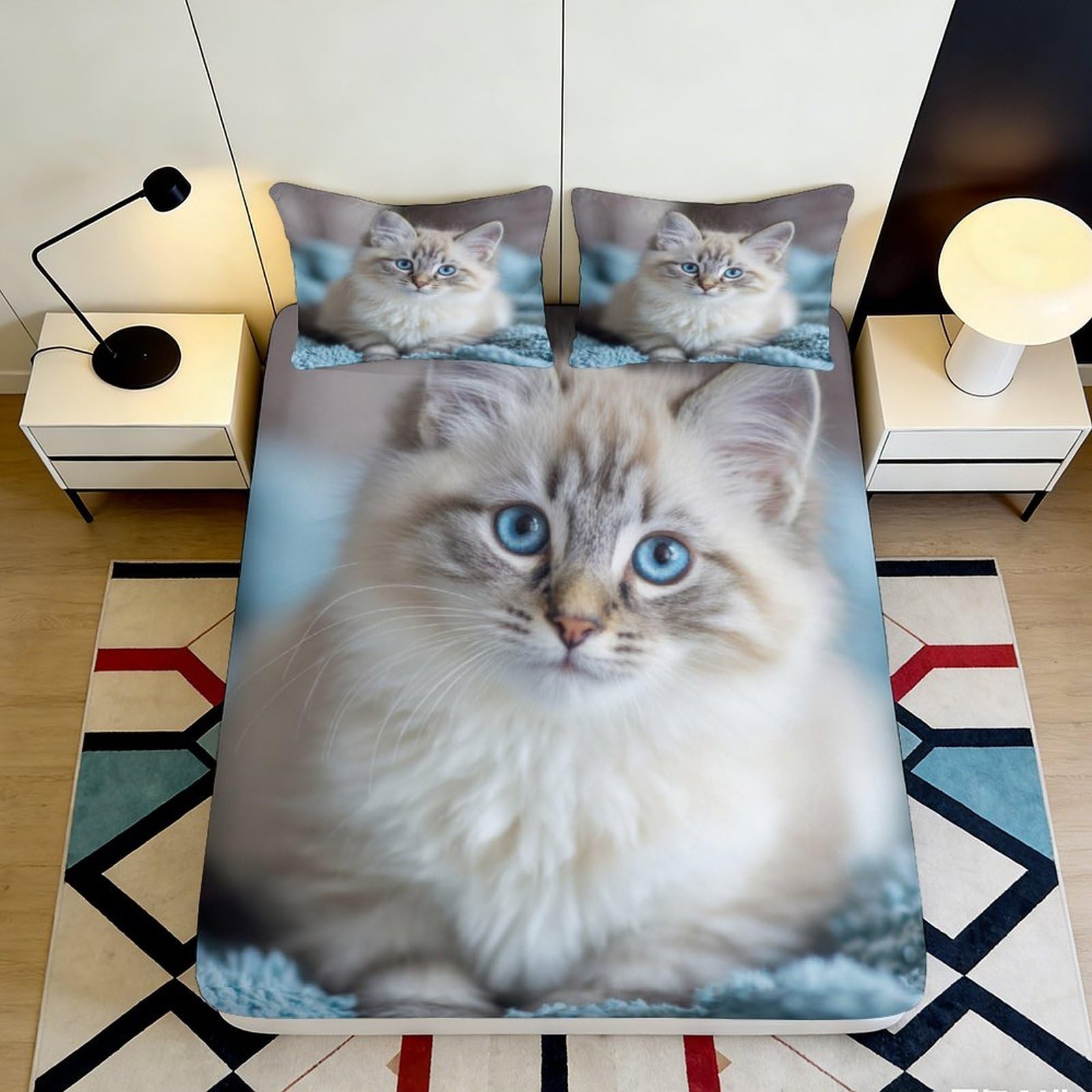 3D Printed Blue Eyed Cat Fitted Sheet Microfiber Soft Bedroom Decor Fluffy Kitten Mattress Cover for Home Dorm 120x200x25cm