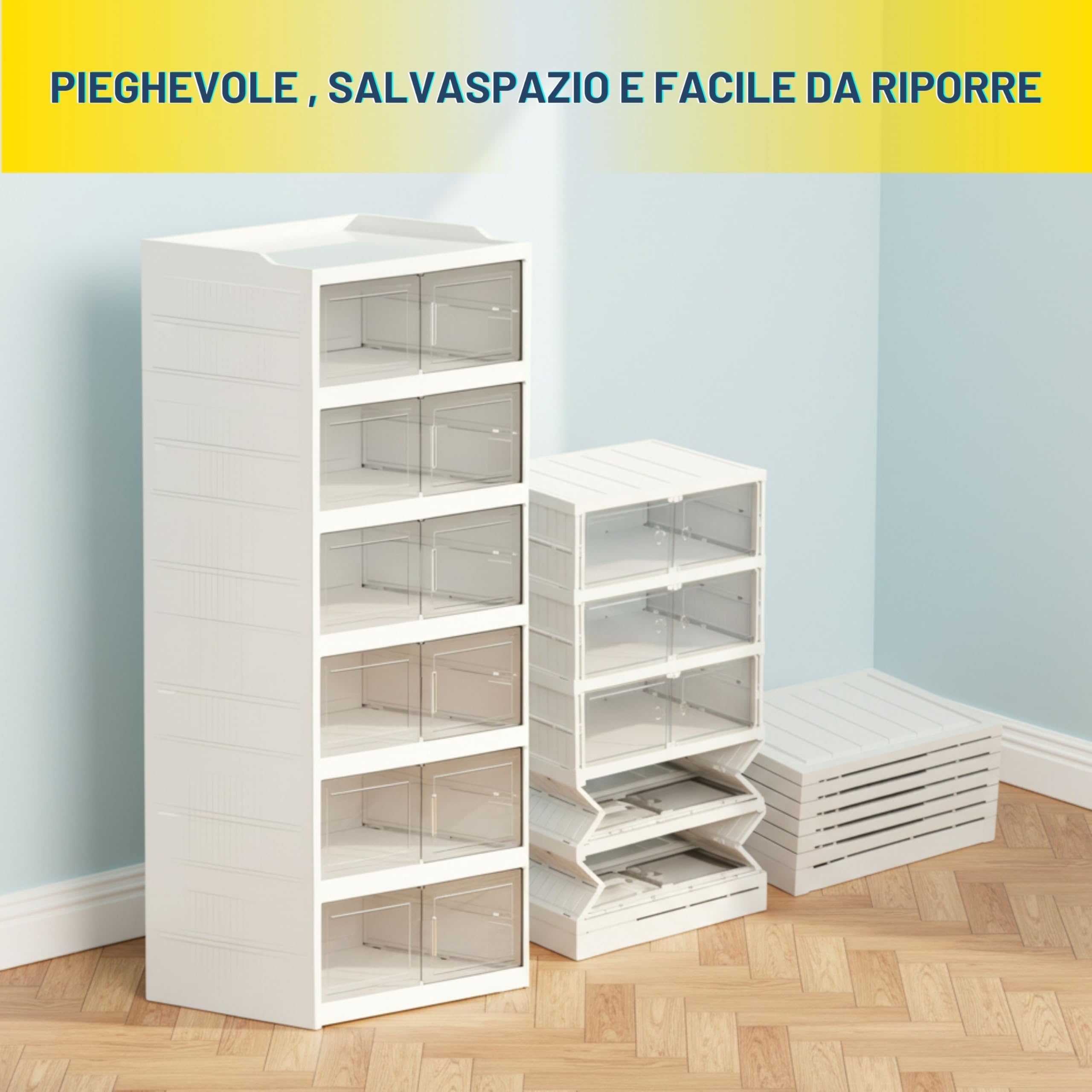 YASTA Scarpiera Moderna Salvaspazio, Mobiletto Porta Scarpe a Incastro, 6 Scomparti con Ante Trasparenti, Organizer Armadio Pieghevole, Scatole per Scarpe Impilabili, Design Modulare Salva Spazio