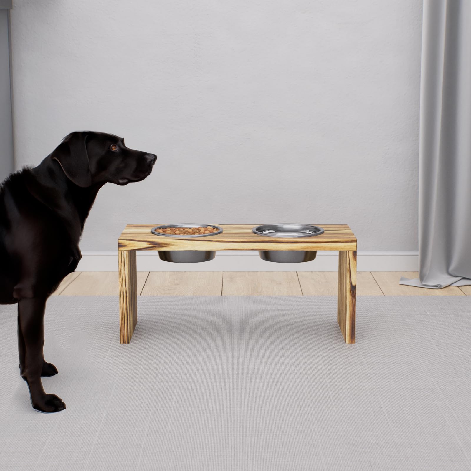 Futterstation Doppelnapf Pet Diner Holz Ständer Hundenapf Katzennapf Hundebar Futterbar handgefertigt 50 x 19,5 x 17,5 cm 0,9 L