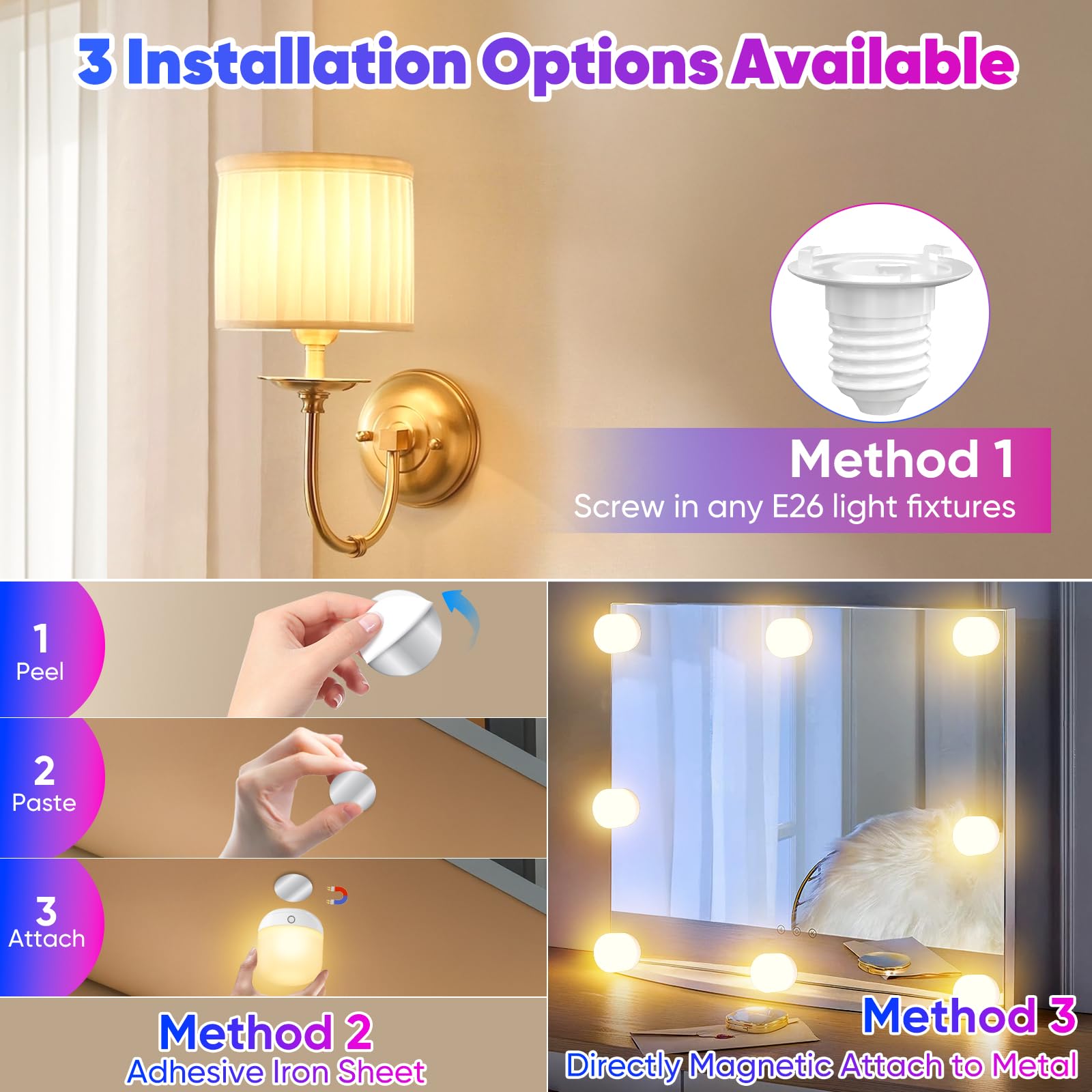 Juego de bombillas recargables que funcionan con pilas con estación de carga magnética 3 en 1 y control remoto, bombilla LED desmontable regulable inalámbrica con 15 colores seleccionables para